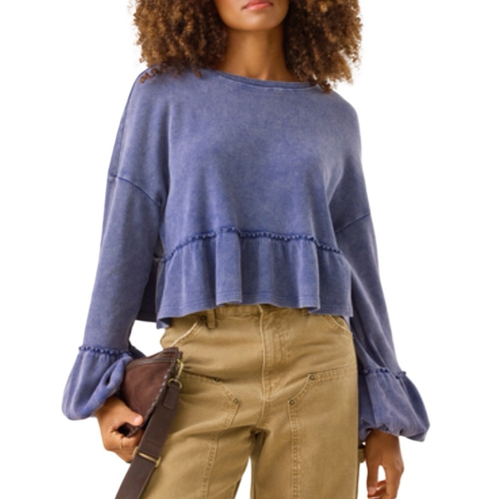 Altar'd State Indigo Ruffle Sleeve Blouse
